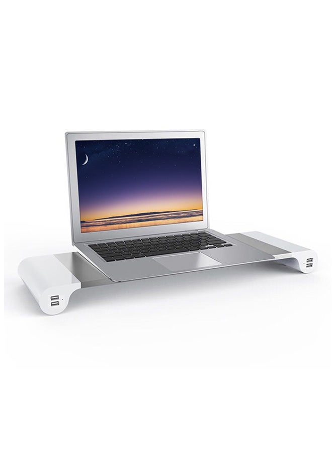 Monitor Stand Space Bar With 4 USB Charging Ports And Keyboard Storage (EU Plug) Silver/White  - Image 2