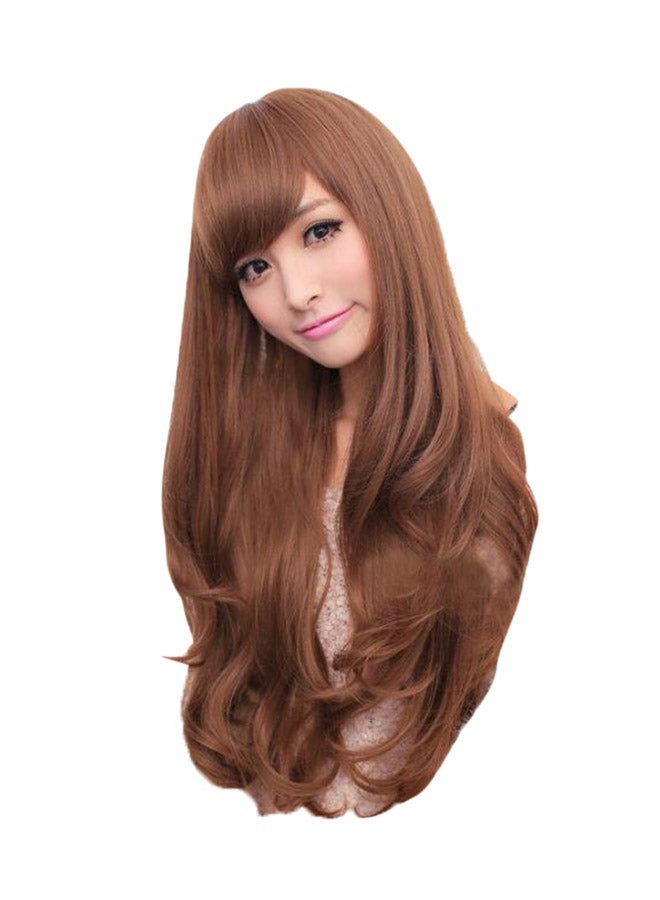 Long Curly Slanted Bang Wig Brown - Image 1