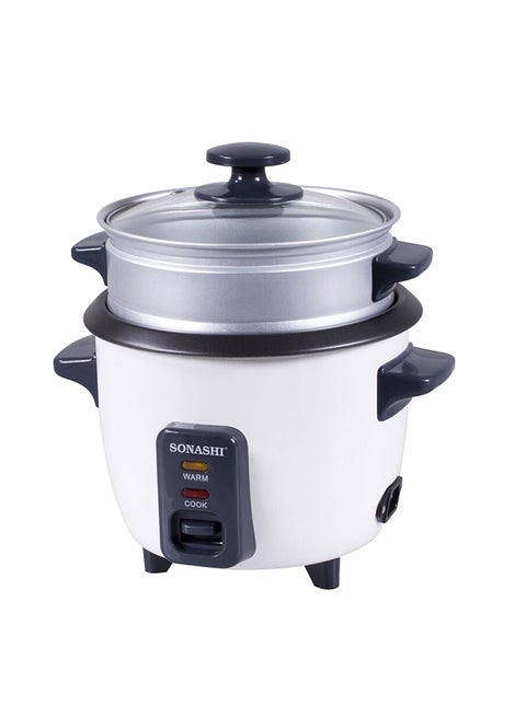 0.6L Rice Cooker with Steamer - Metal Housing with Tempered Glass Lid | Non-Stick Coating & Automatic Shut Off | Featured with Cool Touch Body and Keep Warm Function 600 ml 350 W SRC-306 White/Grey