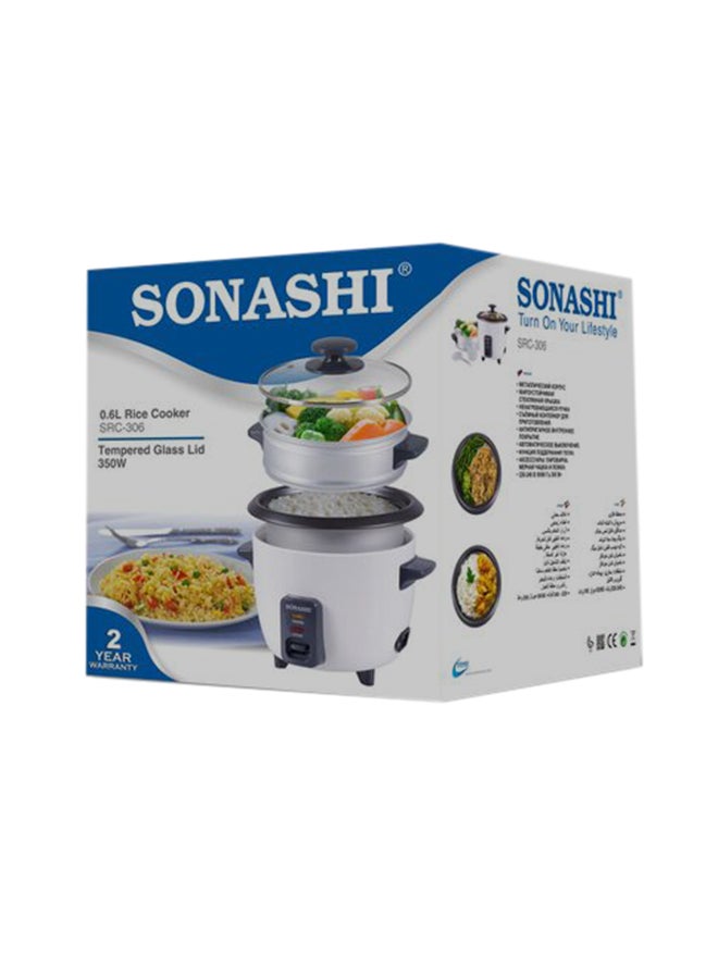 SONASHI - 0.6L Rice Cooker with Steamer - Metal Housing with Tempered Glass Lid | Non-Stick Coating & Automatic Shut Off | Featured with Cool Touch Body and Keep Warm Function 600 ml 350 W SRC-306 White/Grey - Image 1
