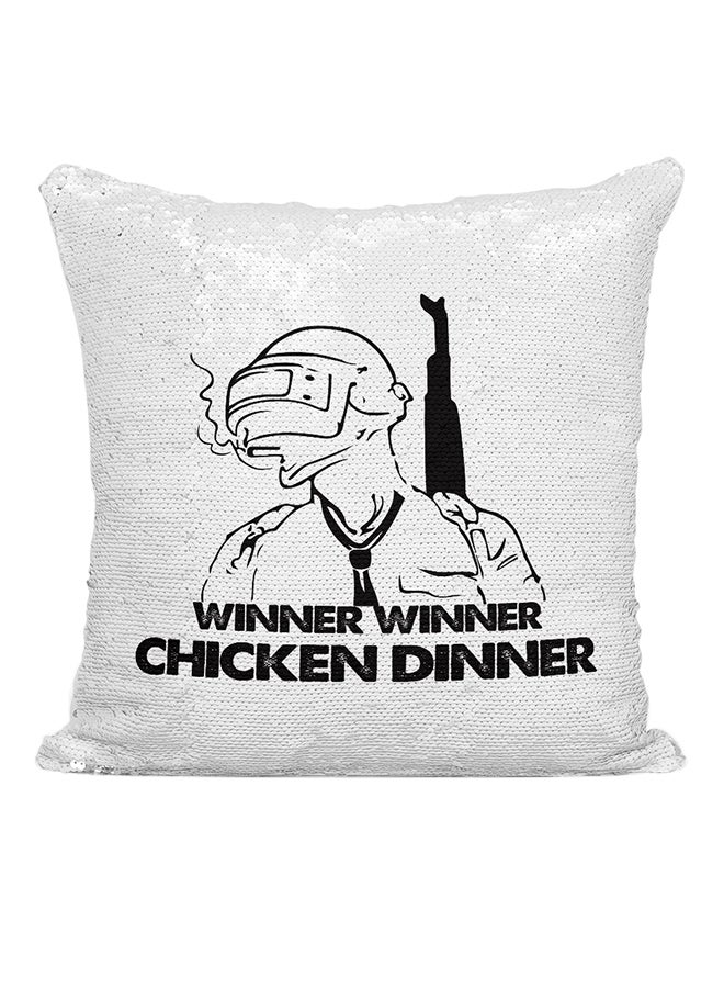 PUBG Chicken Dinner Sequined Cushion Silver/White/Black 16x16inch
