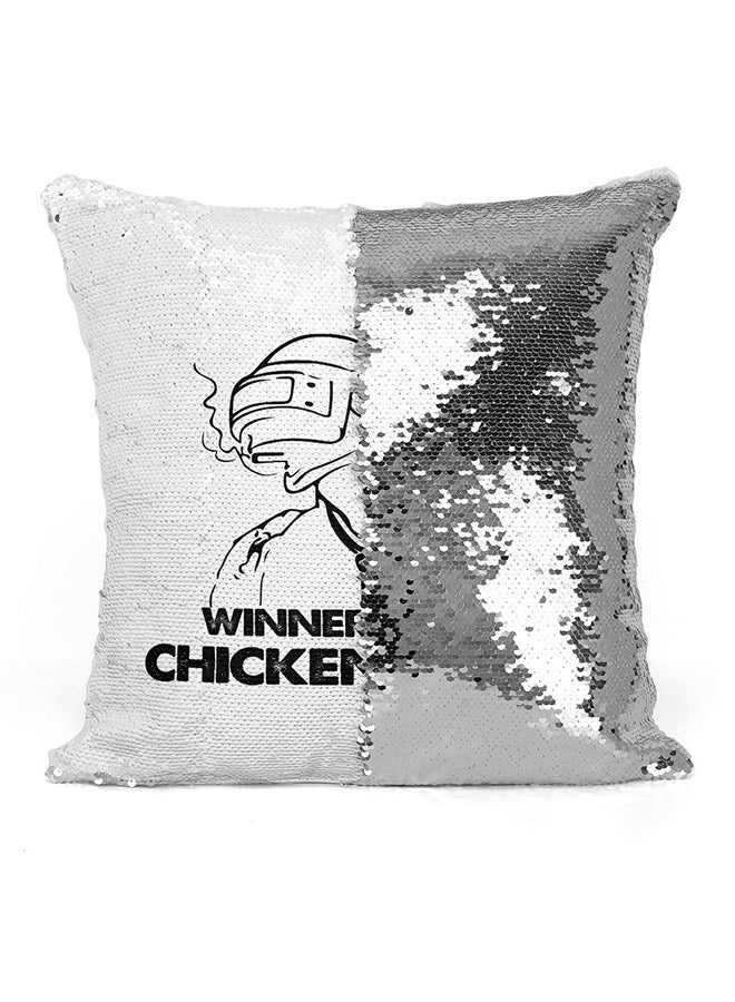 PUBG Chicken Dinner Sequined Cushion Silver/White/Black 16x16inch