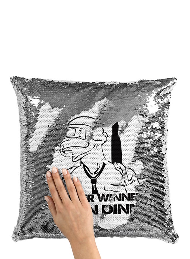 PUBG Chicken Dinner Sequined Cushion Silver/White/Black 16x16inch