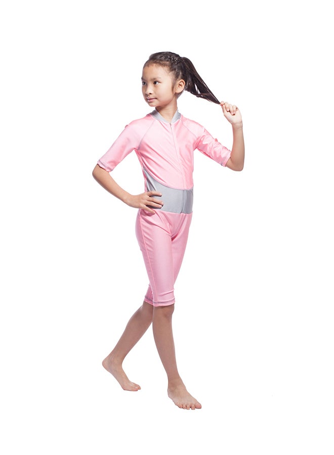 شاربدو لباس سباحة بوركيني بأكمام قصيرة للفتيات مزود بسلسلة للإغلاق وردي/رمادي - Image 3