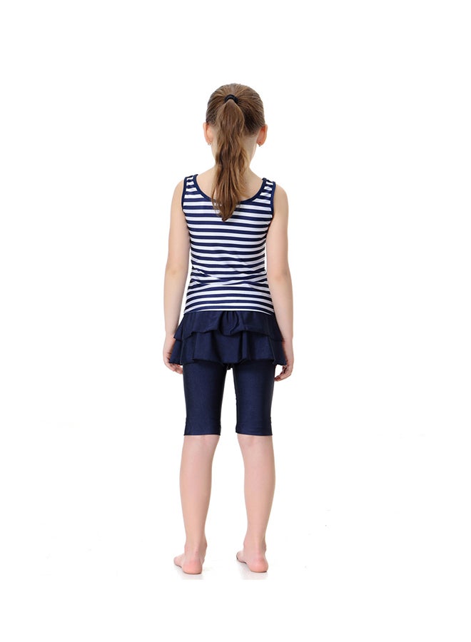 Sharpdo Girl's 2-Piece Stripe Pattern Burkini Set Navy Blue/White - Image 2