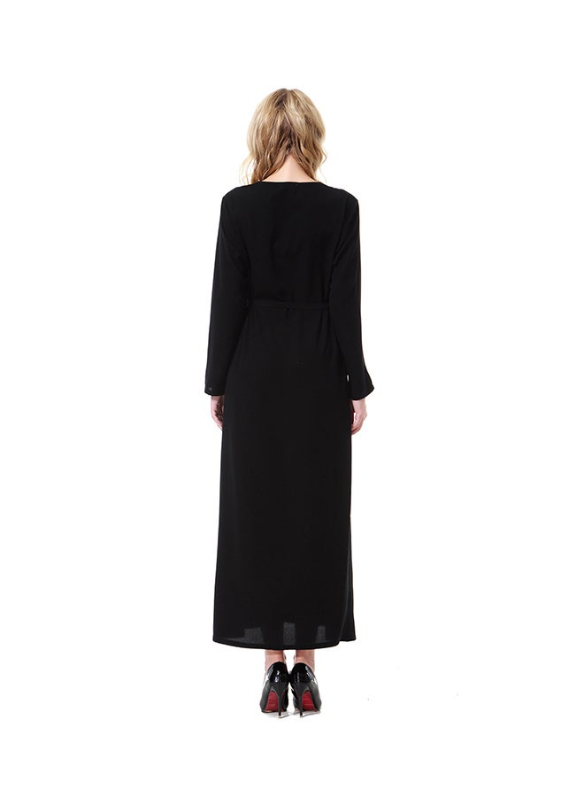 Sharpdo - Round Neck Long Sleeve Wool Peach Dress Black - Image 1