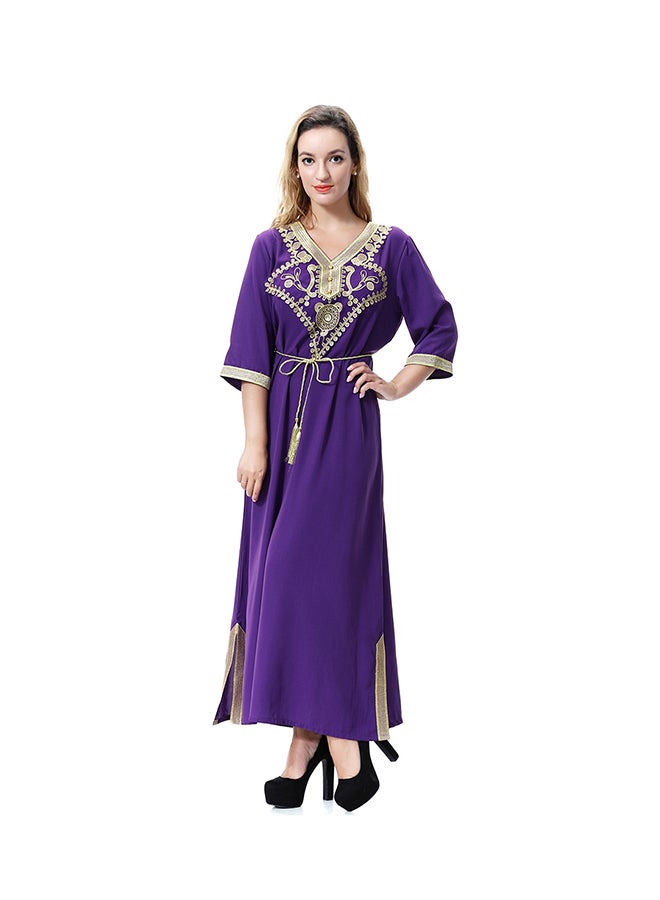 Sharpdo V-Neck Three-Quarter Sleeve Wool Peach Dress Purple  - Image 3
