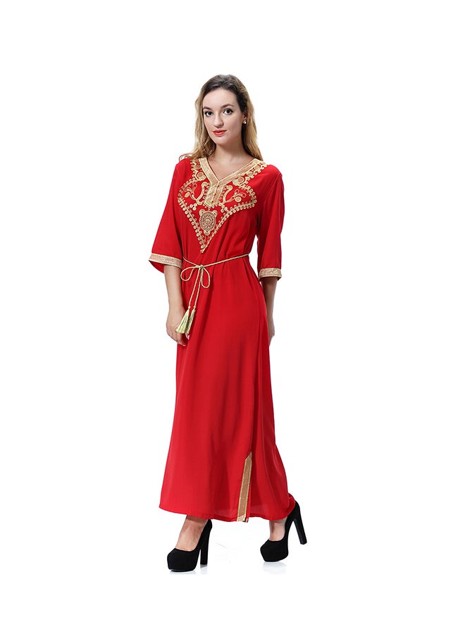 Sharpdo V-Neck Three-Quarter Sleeve Wool Peach Dress Red  - Image 3