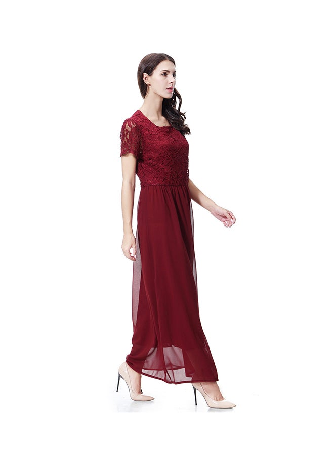 Sharpdo - Round Neck Short Sleeve Chiffon Dress Wine Red - Image 1