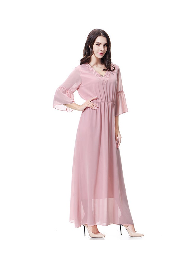 Sharpdo - V-Neck Three-Quarter Sleeve Chiffon Dress Pink - Image 1