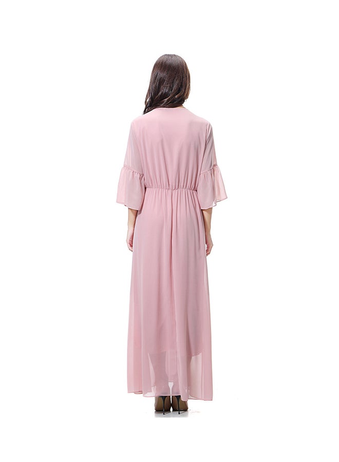 Sharpdo - V-Neck Three-Quarter Sleeve Chiffon Dress Pink - Image 1
