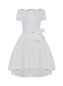 Off Shoulder Lace Dress With Waist Band White