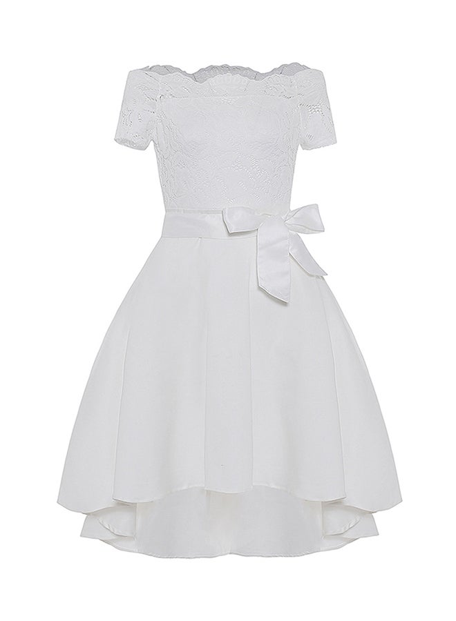 Sharpdo - Off Shoulder Lace Dress With Waist Band White - Image 1