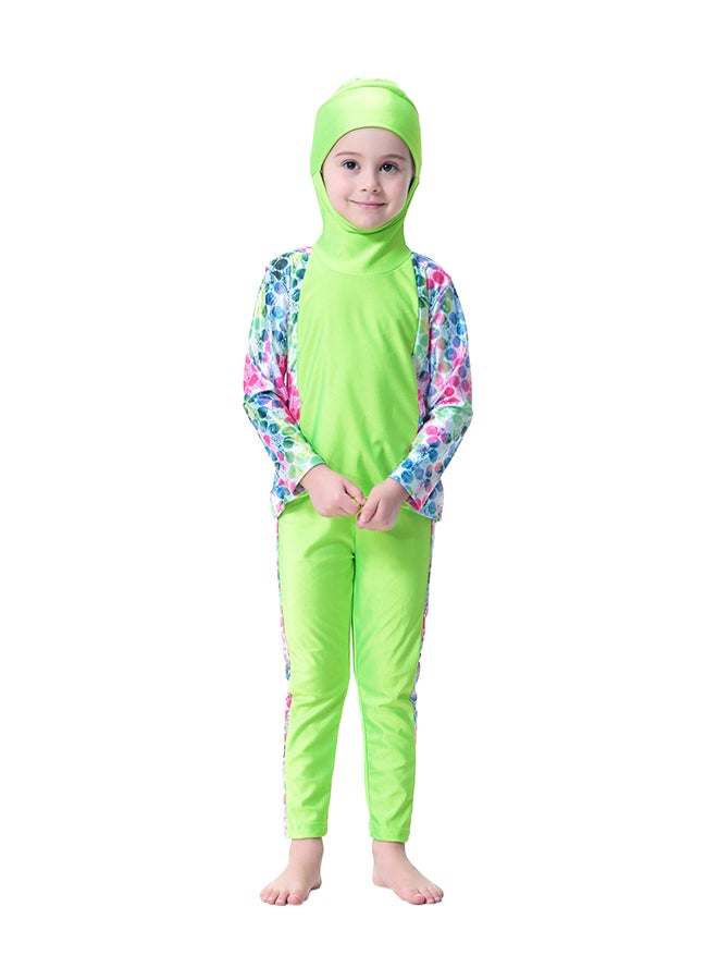 شاربدو لباس سباحة بوركيني بأكمام طويلة وغطاء رأس أخضر/وردي/أزرق  - Image 1
