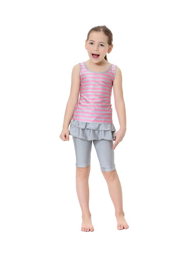 Sharpdo 2-Piece Strip Pattern Round Neck Burkini Pink/Grey - Image 1