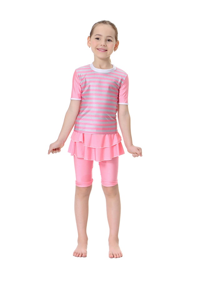 Sharpdo 2-Piece Strip Pattern Round Neck Burkini Pink/Grey  - Image 1