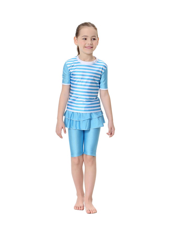 شاربدو طقم بيكيني بنمط مخطط مكون من قطعتين للفتيات أزرق سماوي/أبيض - Image 1