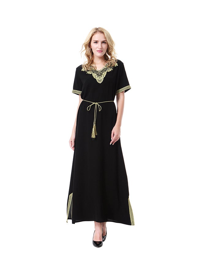 Sharpdo - V-Neck Short Sleeve Wool Peach Dress Black/Green - Image 1