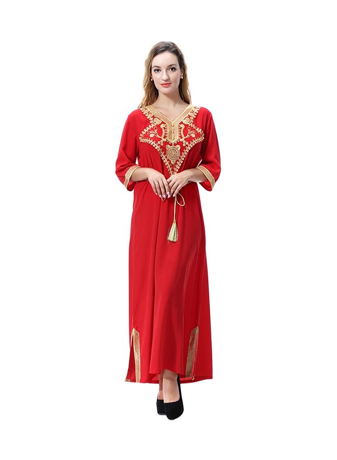 Sharpdo V-Neck Three-Quarter Sleeve Wool Peach Dress Red  - Image 1