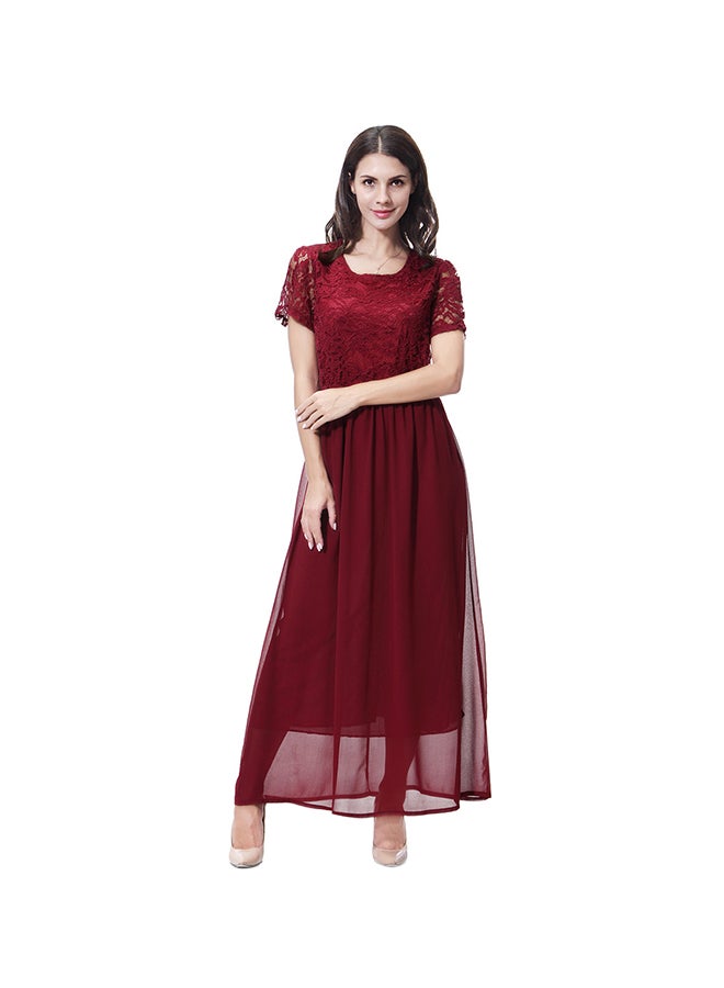 Sharpdo - Round Neck Short Sleeve Chiffon Dress Wine Red - Image 1