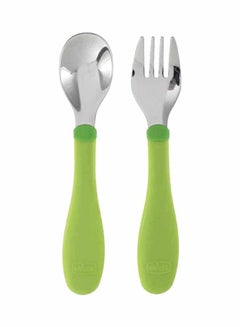 Chicco Posatine Inox Baby Cutlery, Pack Of 2 - Green/Silver  - Image 1