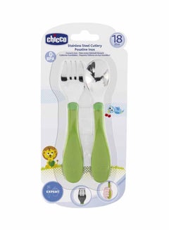 Chicco Posatine Inox Baby Cutlery, Pack Of 2 - Green/Silver  - Image 2