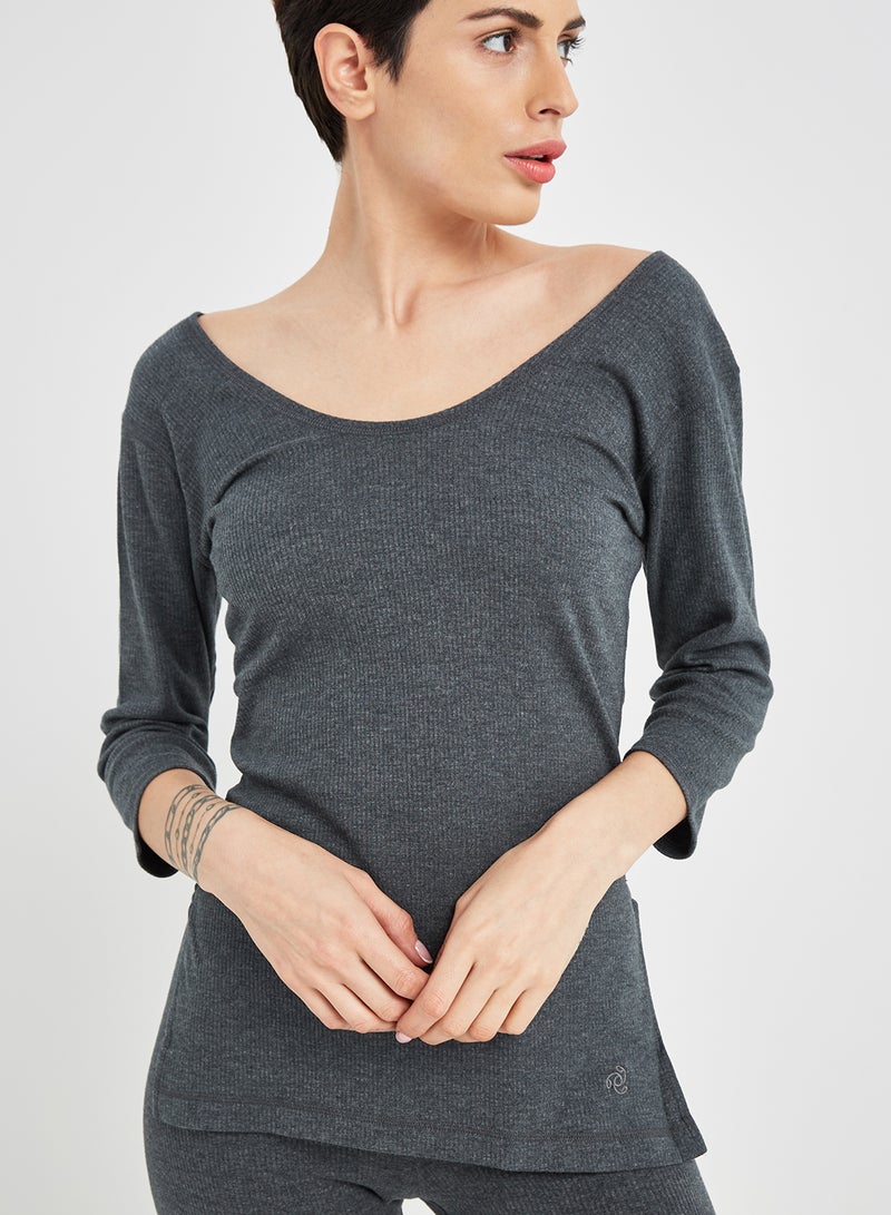 Thermal Three Quarter Sleeve Top Charcoal Mélange