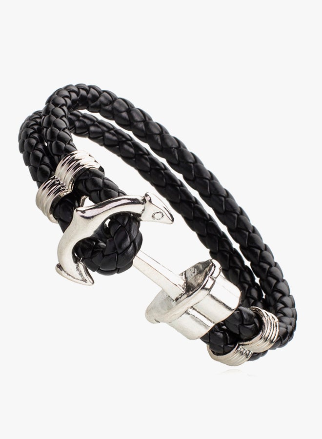 شاينينغ جويل سوار من عدة طبقات من الجلد المضفر مع حلية على شكل مرساة من الستانلس ستيل - Image 2