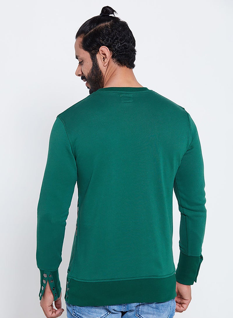 PETRO - Printed Long Sleeve Side Button Sweatshirt Green - Image 1