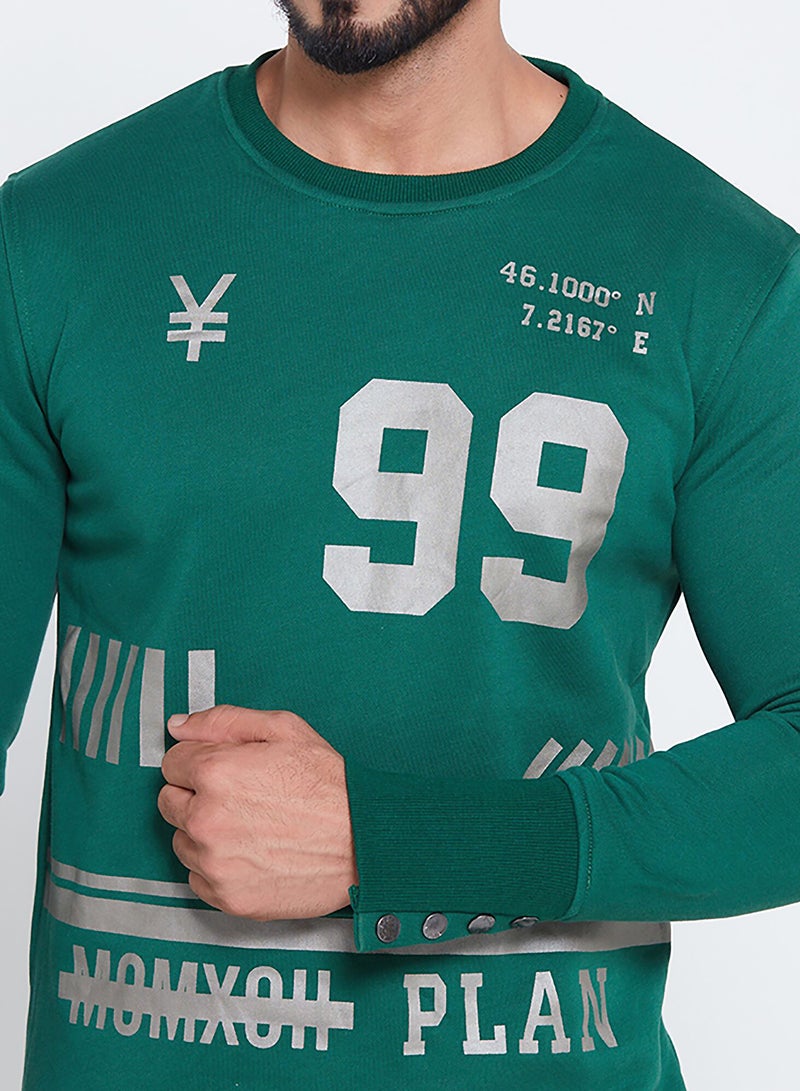 PETRO - Printed Long Sleeve Side Button Sweatshirt Green - Image 1