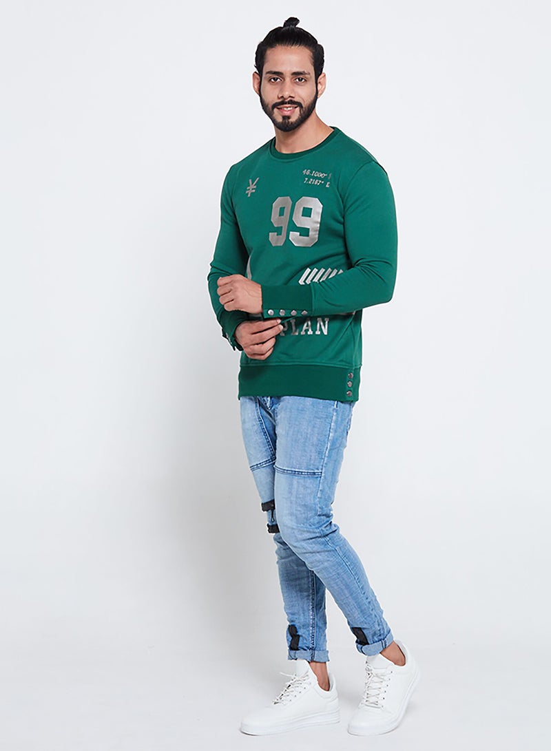 PETRO - Printed Long Sleeve Side Button Sweatshirt Green - Image 1