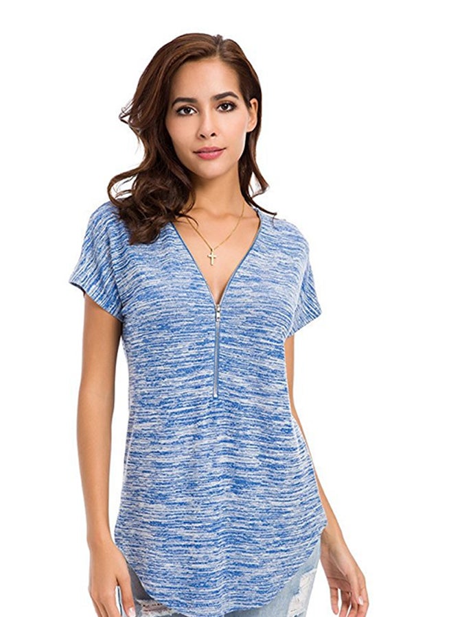 شاربدو بلوزة بأكمام قصيرة ورقبة على شكل الحرف V أزرق/رمادي - Image 1
