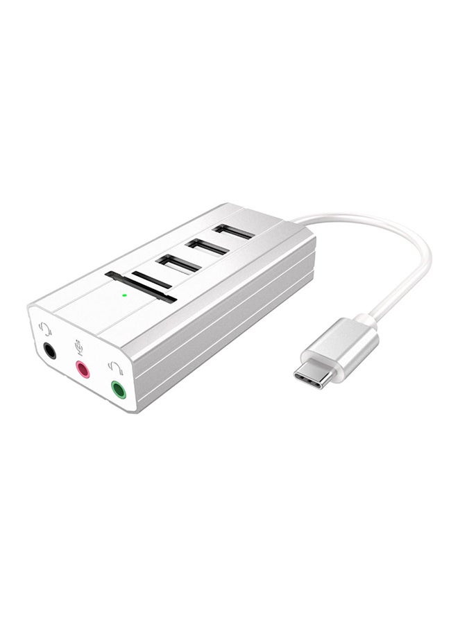 Multi-Function Hub USB-C to 3*USB2.0 + Headphone + Mic Ports Sound Card Silver  - Image 1