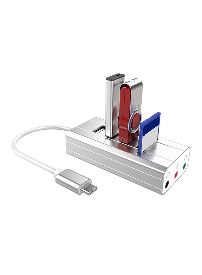 Multi-Function Hub USB-C to 3*USB2.0 + Headphone + Mic Ports Sound Card Silver  - Image 3