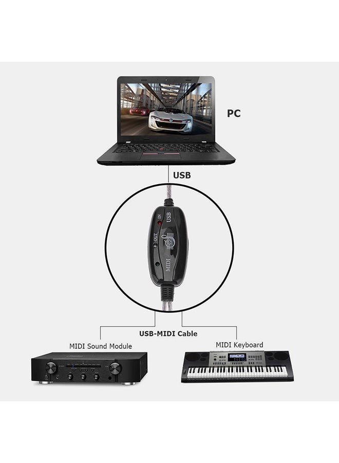 USB MIDI In-Out Interface Cable Converter PC To Keyboard Black - Image 2