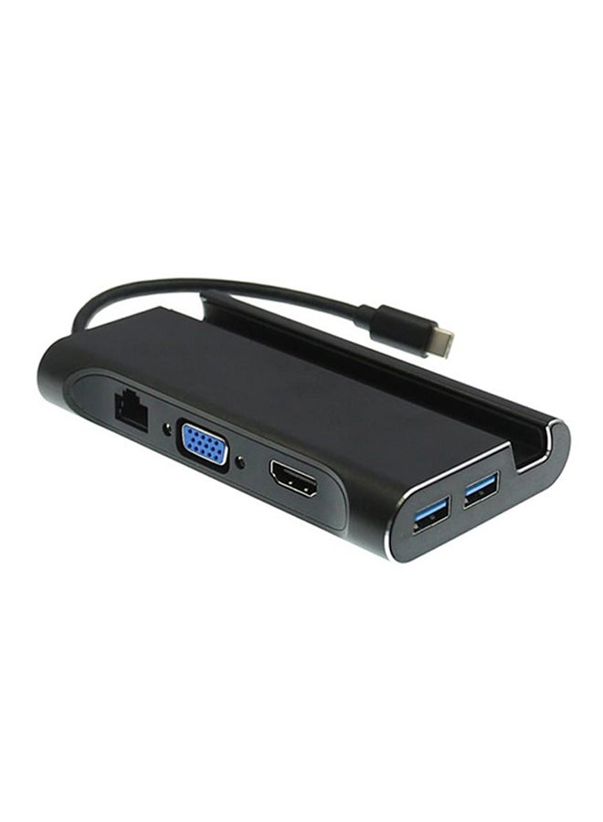 محول 7 في 1 من Type-C إلى HDMI VGA RJ45 3 × موزع USB 3.0 ومزود بحامل للهاتف أسود - Image 1