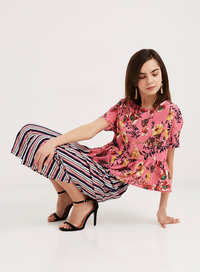 keguay Round Neck Short Sleeves Top Pink/Yellow  - Image 3