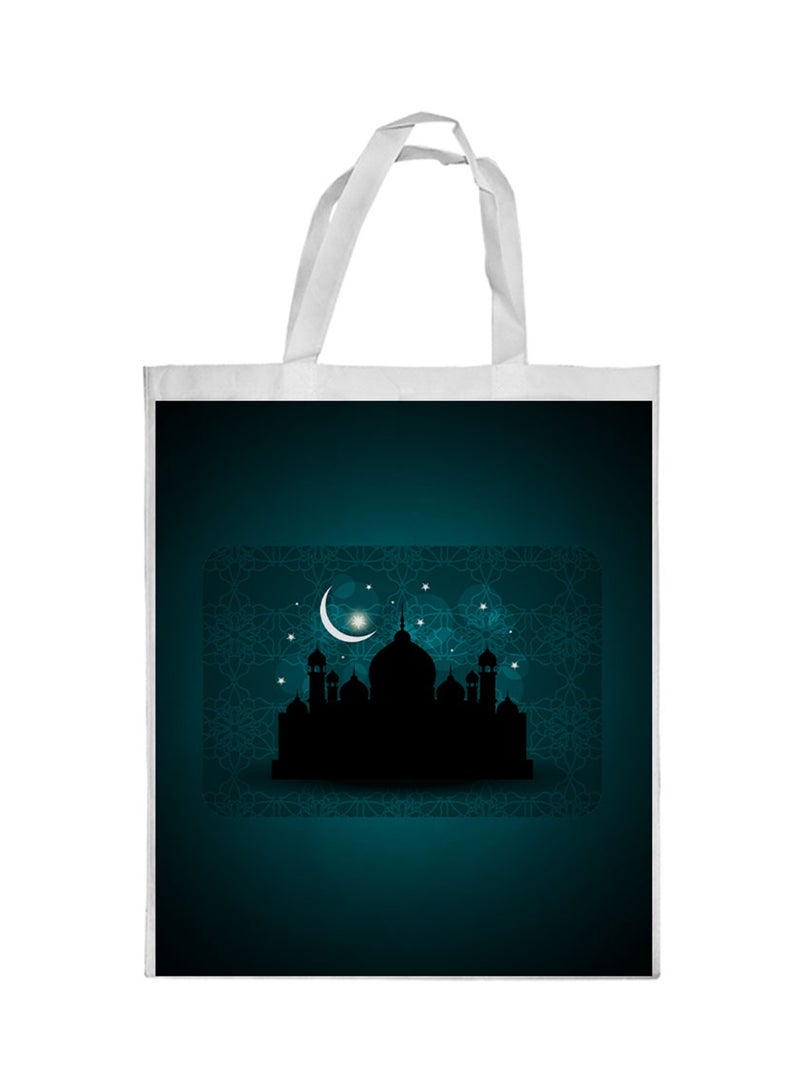 حقيبة تسوق مطبوعة بشكل هلال رمضان ومسجد أزرق/ أبيض