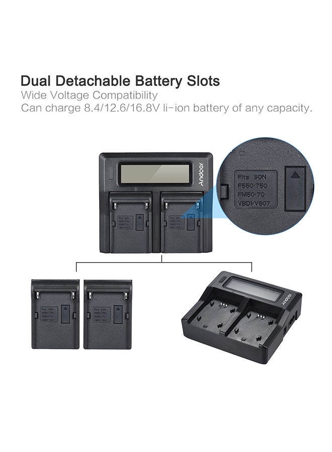 أندوير شاحن بطارية الكاميرات الرقمية مزود بشاشة عرض LCD لكاميرا سوني NP-F550/F750/F950/ NP-FM50/FM500H/QM71 أسود - Image 4