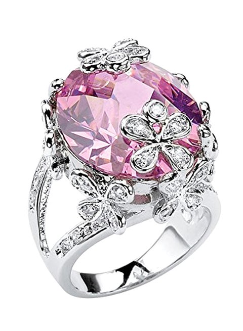 Oval-Cut  Cubic Zirconia Silvertone Butterfly And Flower Ring