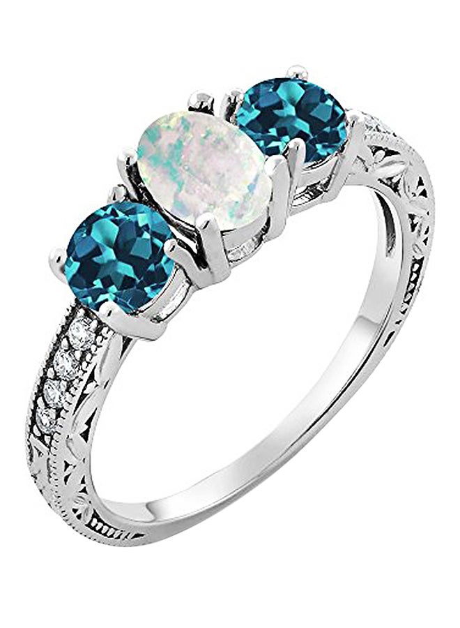 GEM STONE KING 1.75 Ct Oval Cabochon White Simulated Opal London Blue Topaz 925 Sterling Silver Ring - Image 1
