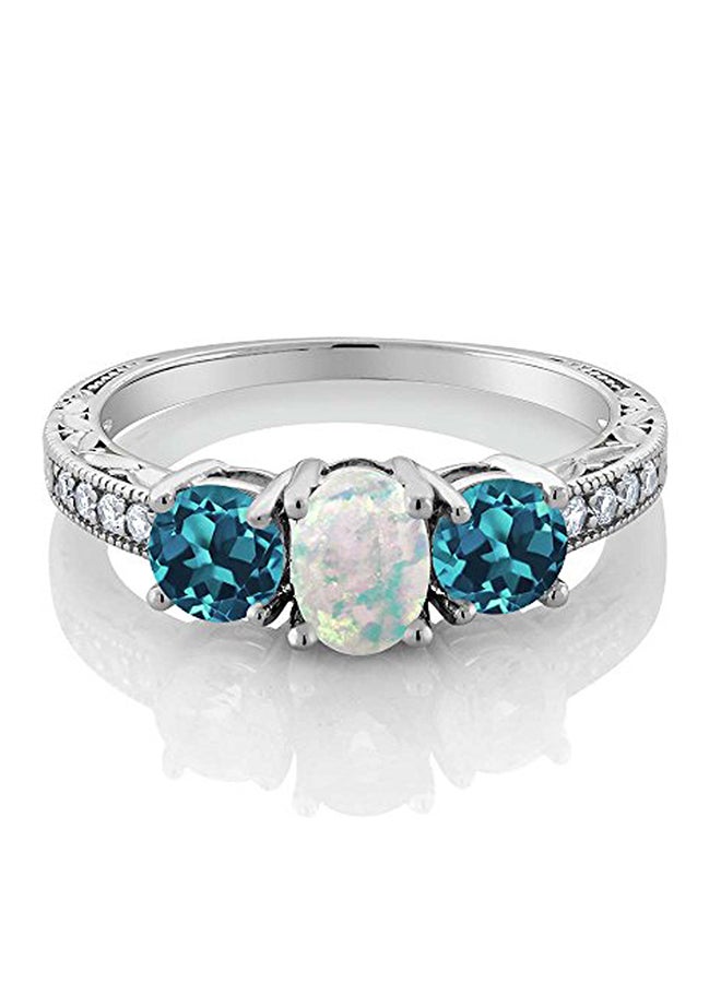 GEM STONE KING 1.75 Ct Oval Cabochon White Simulated Opal London Blue Topaz 925 Sterling Silver Ring - Image 2