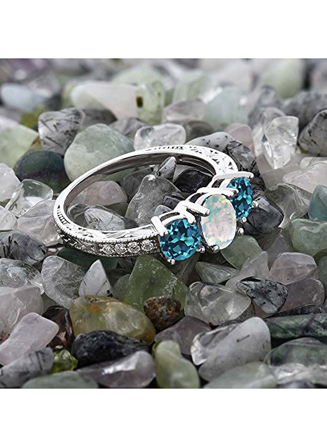 GEM STONE KING 1.75 Ct Oval Cabochon White Simulated Opal London Blue Topaz 925 Sterling Silver Ring - Image 3