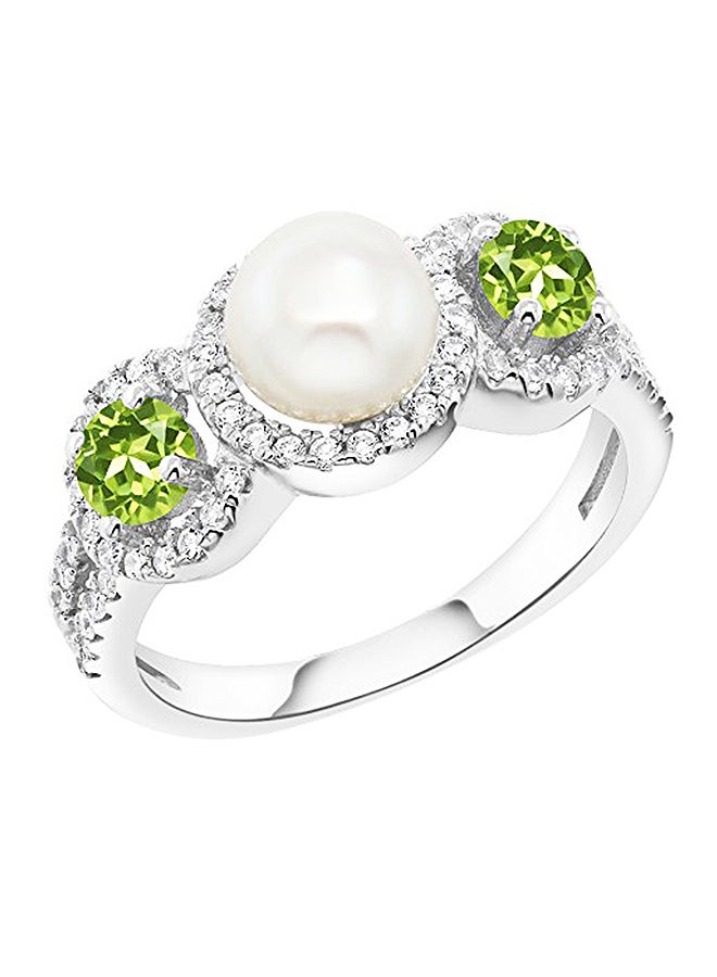 GEM STONE KING 925 Sterling Silver Cultured Freshwater Pearl and Green Peridot Women's Ring 1.40 Ct Round  - Image 1
