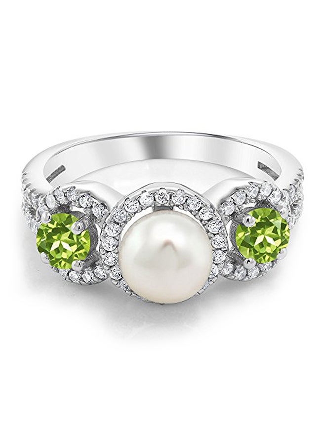 GEM STONE KING 925 Sterling Silver Cultured Freshwater Pearl and Green Peridot Women's Ring 1.40 Ct Round  - Image 2