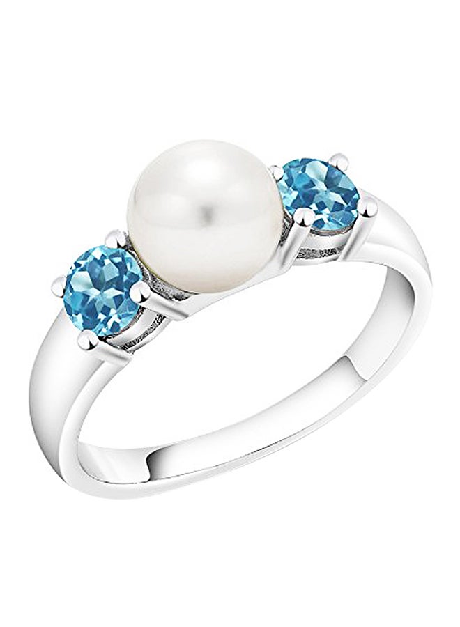 جم ستون كينج خاتم من الفضة الإسترليني عيار 925 مرصع بلؤلؤ الماء العذب والتوباز السويسري بتصميم دائري عيار 1.00 قيراط، لون أزرق - Image 1
