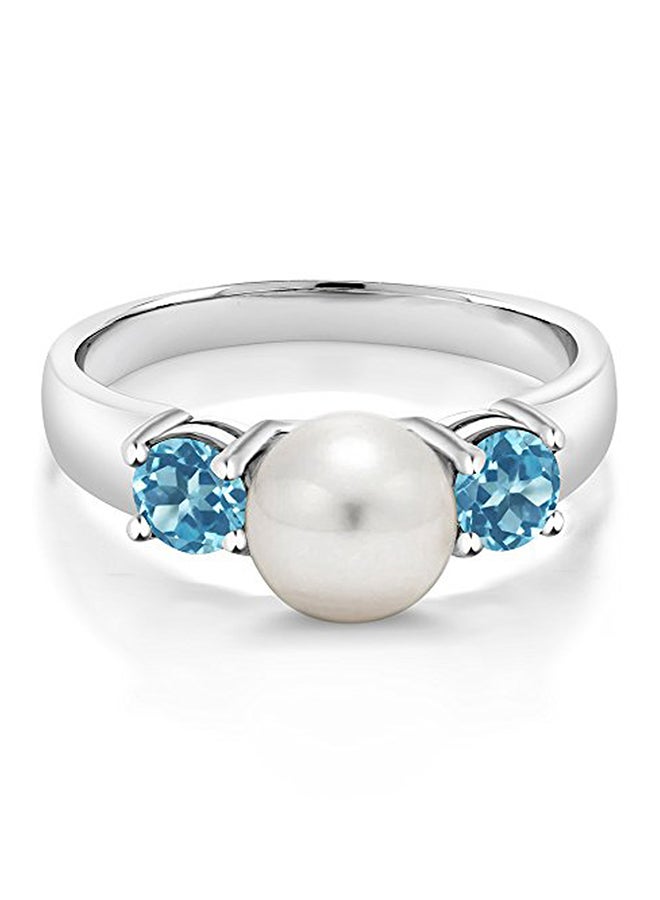 جم ستون كينج خاتم من الفضة الإسترليني عيار 925 مرصع بلؤلؤ الماء العذب والتوباز السويسري بتصميم دائري عيار 1.00 قيراط، لون أزرق - Image 2