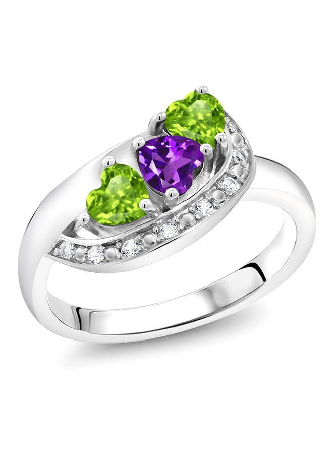 Gem Stone King 0.84 Ct Heart Shape Purple Amethyst Green Peridot 925 Sterling Silver Ring - Image 2