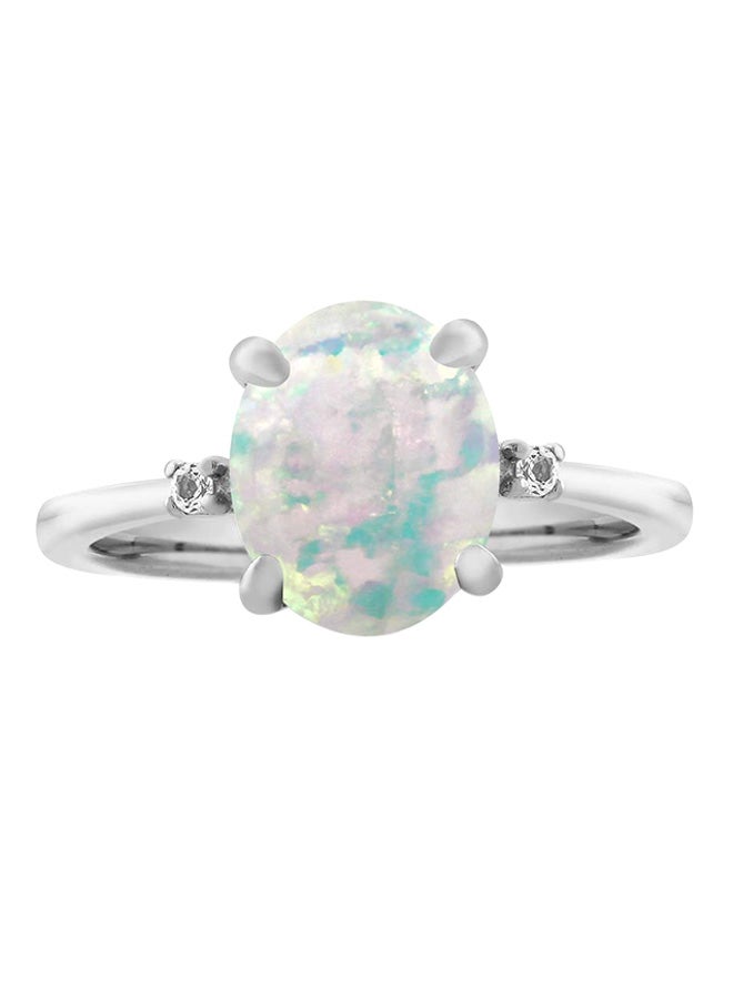 Gem Stone King 2.16 Ct Oval Cabochon White Simulated Opal & White Diamond 925 Sterling Silver 3-Stone Women's Ring - Image 1