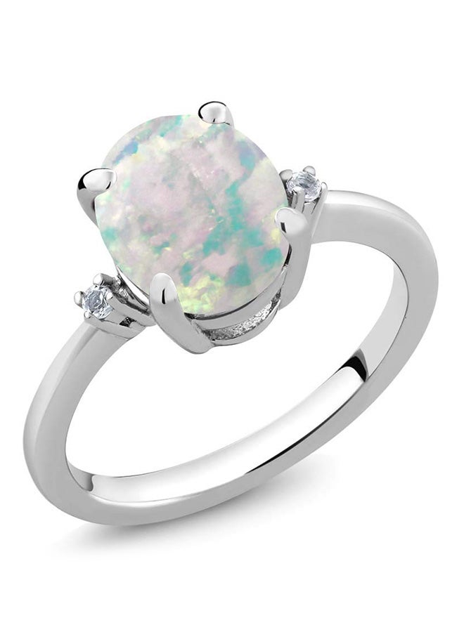 Gem Stone King 2.16 Ct Oval Cabochon White Simulated Opal & White Diamond 925 Sterling Silver 3-Stone Women's Ring - Image 2